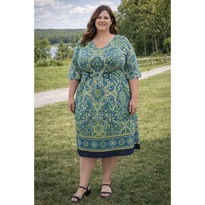 Tacera Paisley Print Flocked Dress 3X Plus Sz Blue Green 3/4 Sleeve Ring Detail